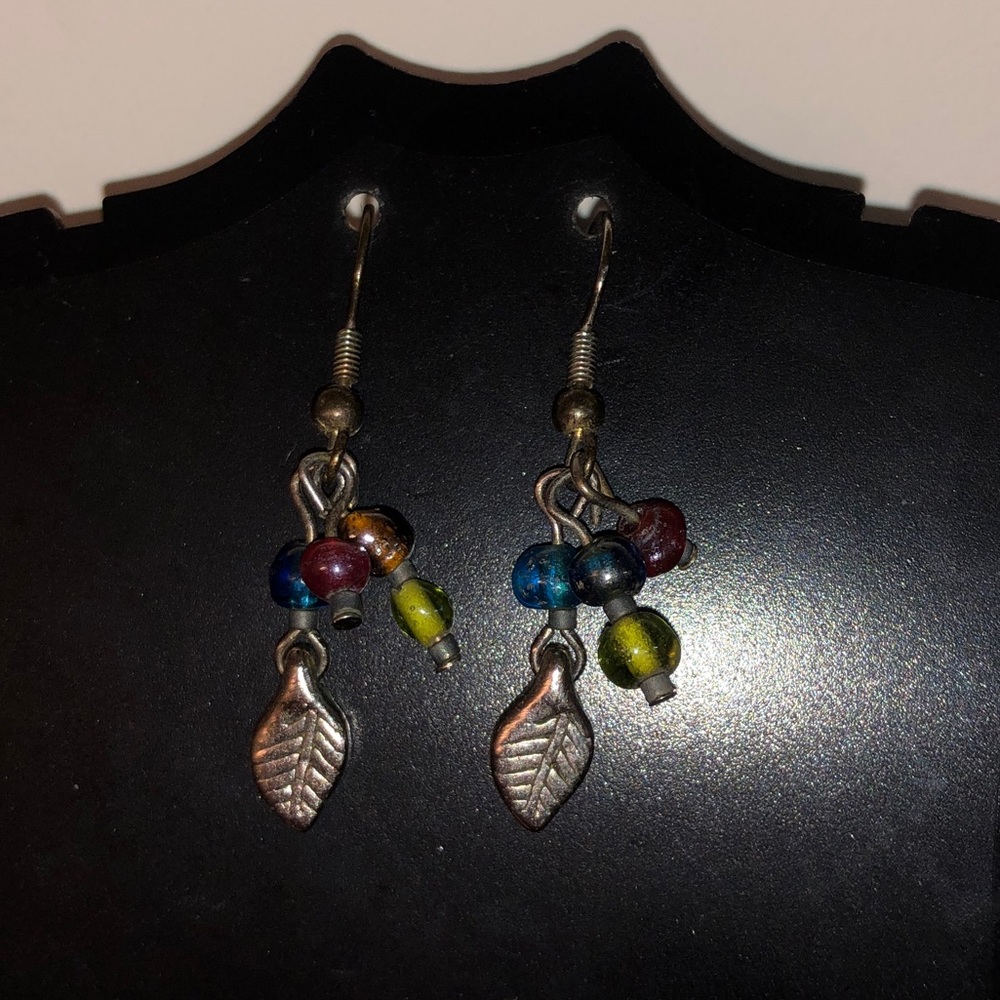 Multi-colored Dangle Feather Beaded Silver-Tone Earrings